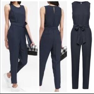 Banana Republic Tapered Leg Sleeveless Belted‎ Jumpsuit Preppy Pockets Navy 4